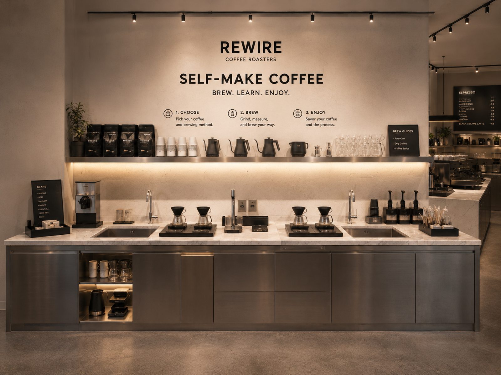 Self-make drip and pour-over bar at REWIRE Coffee Roasters