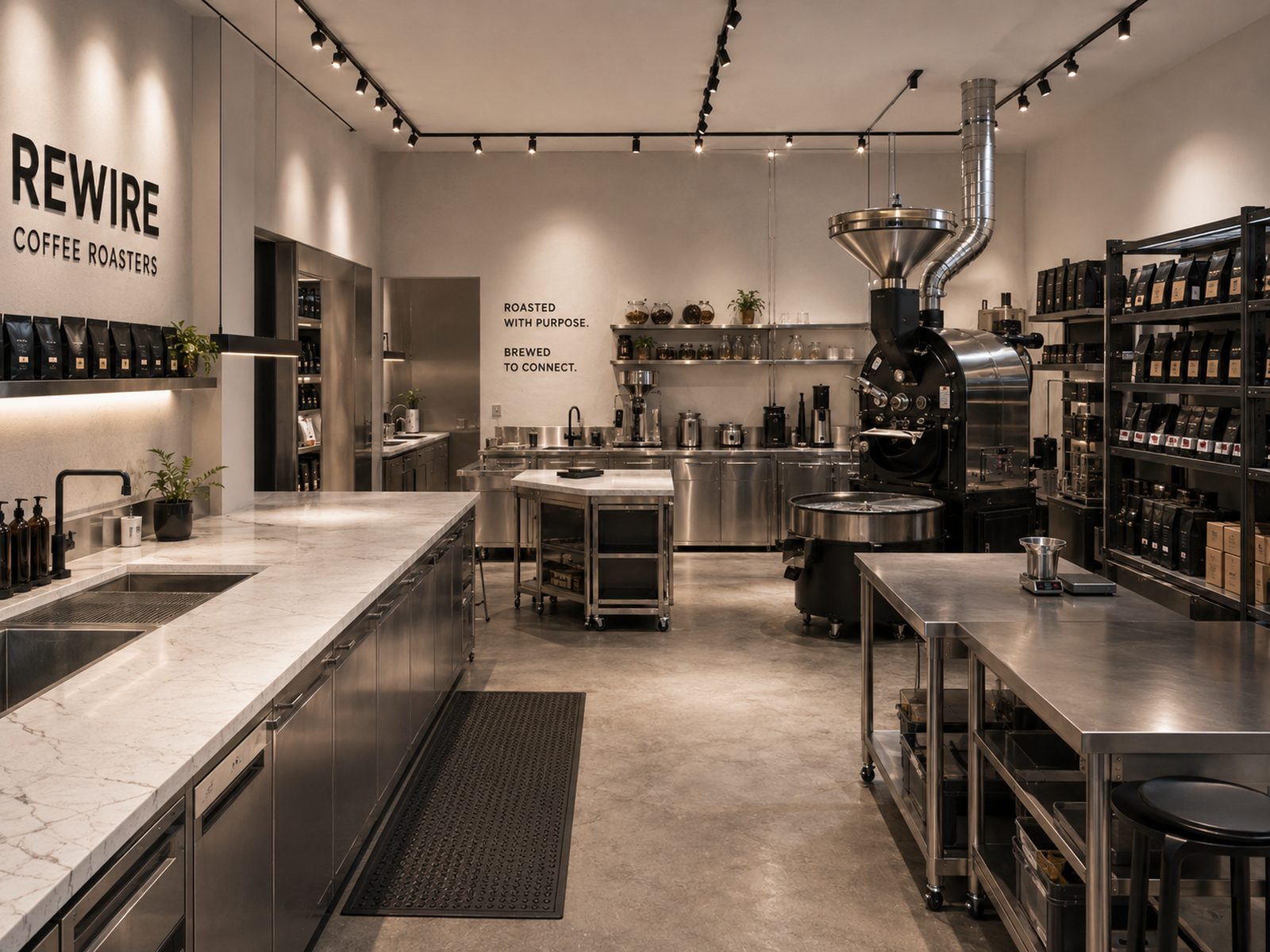 Expanded roastery working space with roasting machine