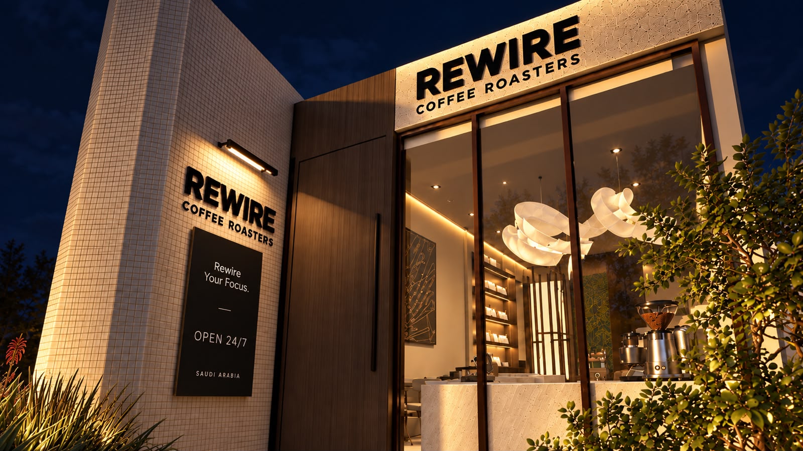 REWIRE storefront at night